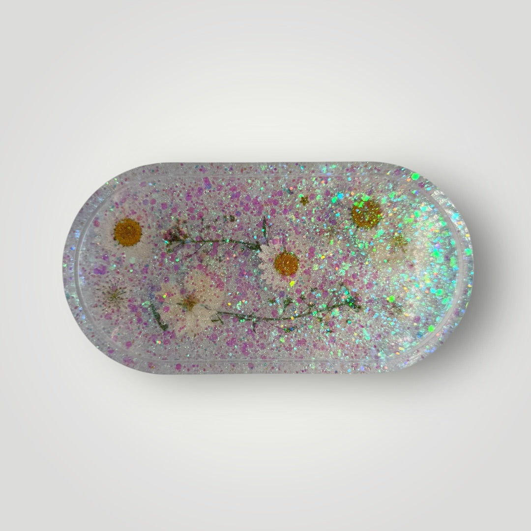 White Dried Flowers with Iridescent Chunky Glitter, Resin Storage Tray, Oval