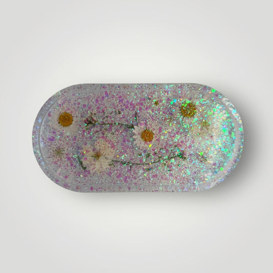 White Dried Flowers with Iridescent Chunky Glitter, Resin Storage Tray, Oval