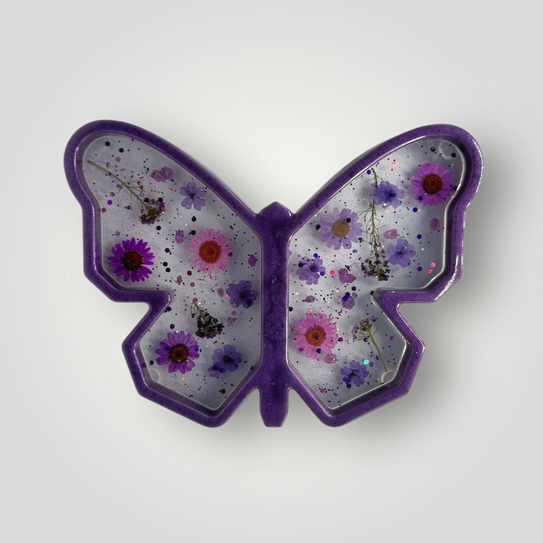 Iridescent Butterfly Tray with Real Dried Flowers, Hearts and Chunky Glitter, Decorative Storage Tray